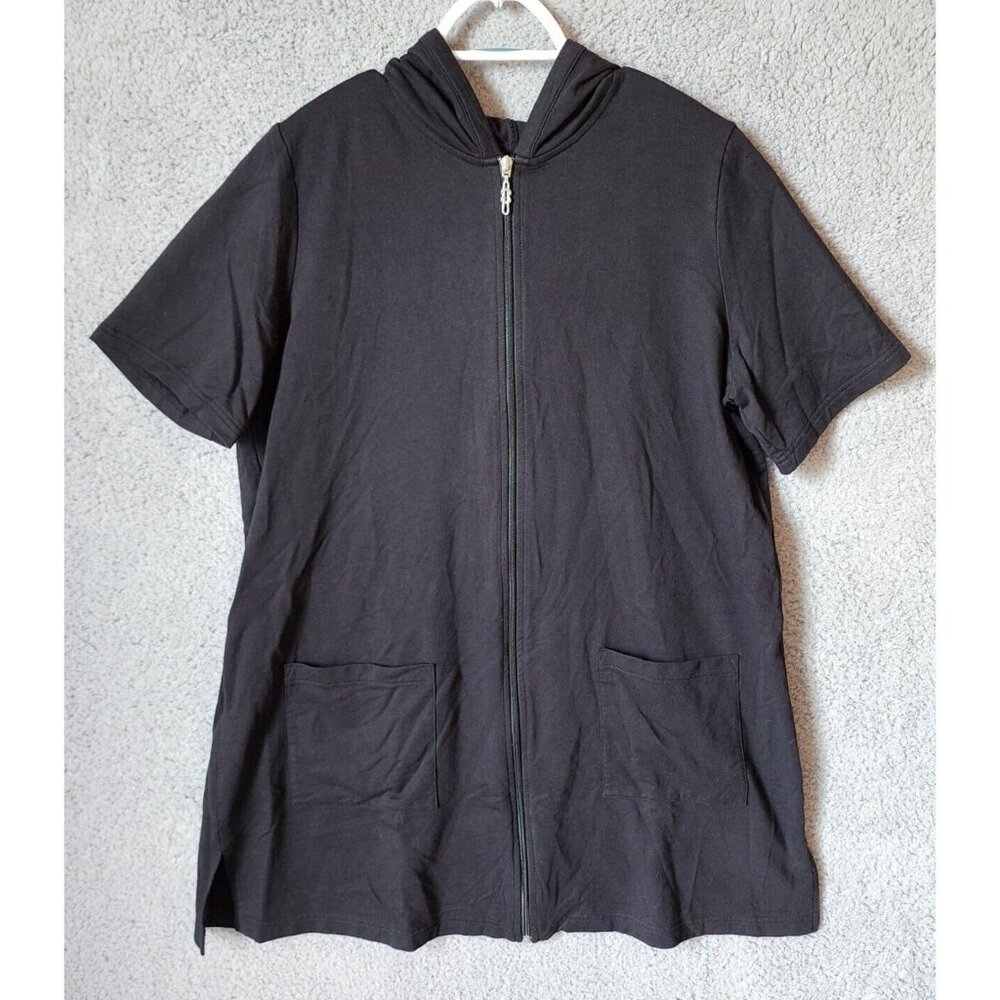 D&Co Denim & Co Beach Short Sleeve Zip Up Swimsuit Cover Up Hoodie Dress Black L
